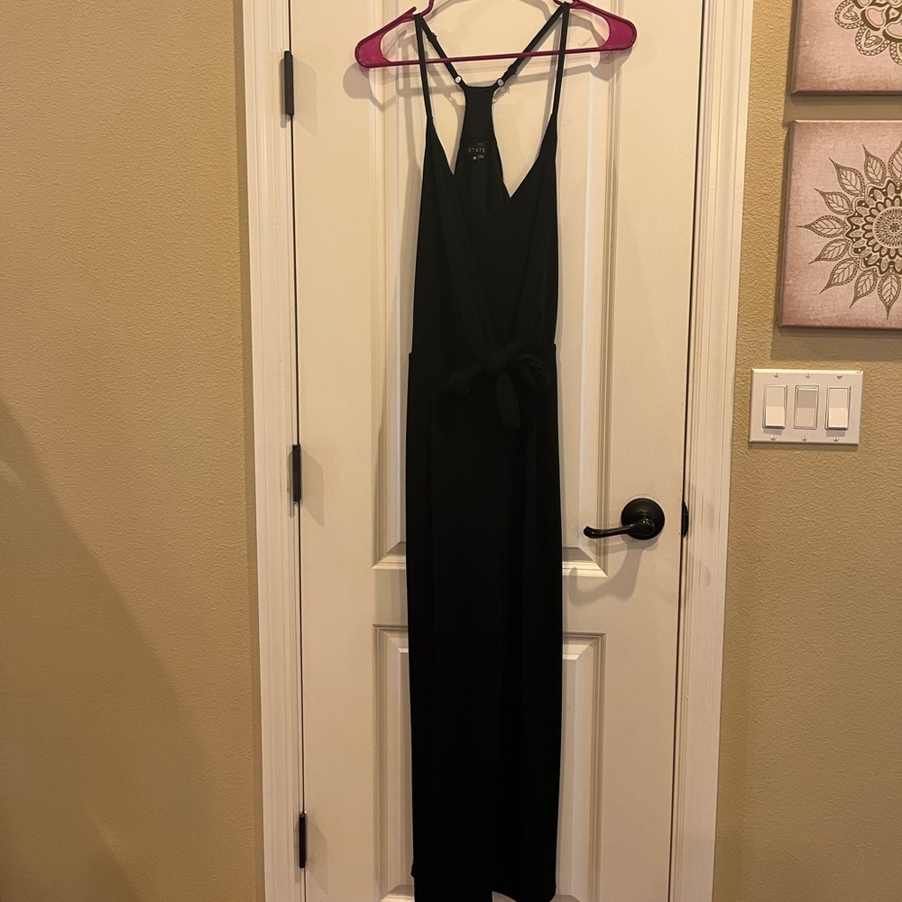 Black spaghetti strap tie waist racer back jumpsuit